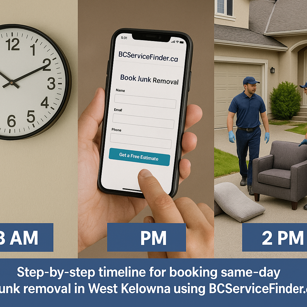 Step by step timeline for booking same day junk removal in West Kelowna using BCServiceFinder.ca